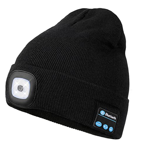 Bluetooth Beanie with Light, Unisex USB Rechargeable 4 LED Headlamp Hat with Wireless Headphones, Unique Christmas Birthday Gifts for Men Him Husband Teen (Black)