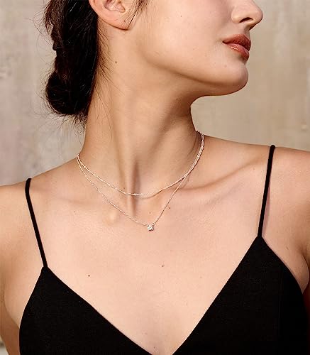 Tewiky Silver Necklace for Women, Dainty Silver Layered Necklaces Sterling Silver Diamond Pendant Necklace Simple Silver Chain Choker Necklaces Fashion Silver Set Jewelry Gifts for Womens