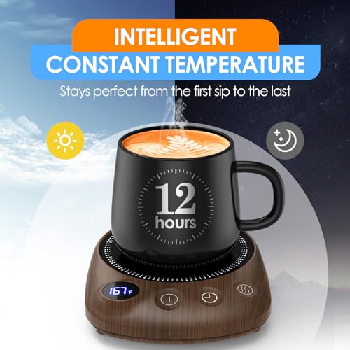 KitchekShop Coffee Mug Warmer - Fastest Heating & Highest Temperature, Coffee Cup Warmer for Desk Auto Shut Off, 4 Temp Settings & 1-12H Timer, Smart Electric Beverage Warmer for Coffee Candle(Wood)