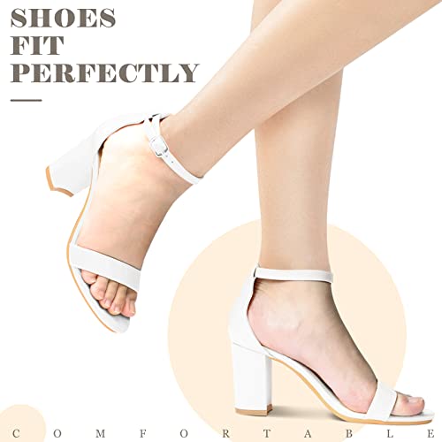 Ankis White Heels for Women - Open Toe Ankle Strap Chunky Heel Pump Sandals Party Wedding Strappy Buckle Sandals Standard Size 2.75 Inches Tall Thick Heel Design