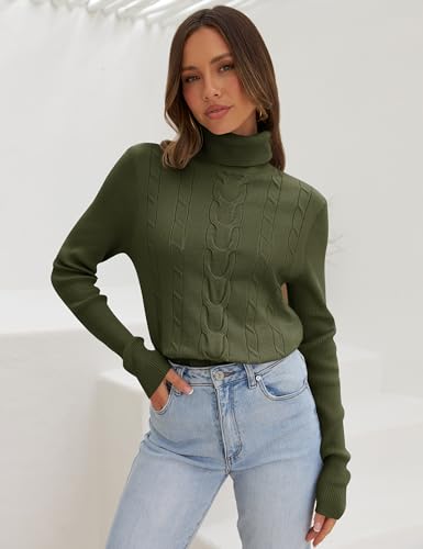 LEANI Womens 2024 Turtleneck Sweaters Cable Knit Long Sleeve Pullover Sweater Jumper ArmyGreen Medium