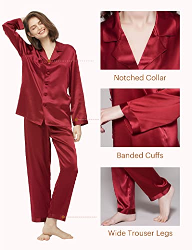 LilySilk Silk Pajamas for Women Button Up Pajamas Set for Ladies Girls Soft Maternity Pajamas Birthday Bridal Party Gift for Christmas Anniversary Valentine's day, Claret L