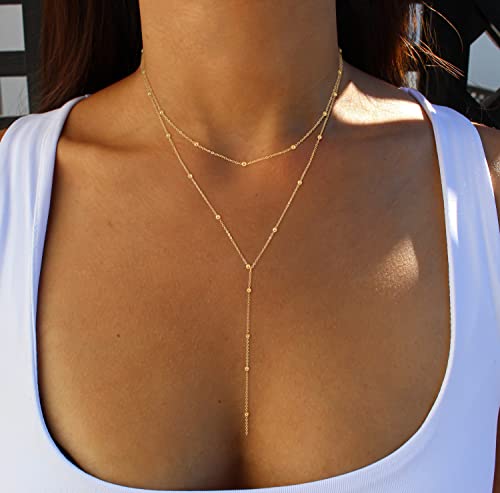 Foxgirl Dainty Long Gold Necklaces for Women, Trendy Lariat Y Necklace 14k Gold Plated Layered Beaded Drop Necklaces Simple Handmade Bar CZ Pendant Y-Shaped Chain Jewelry Gift Wedding