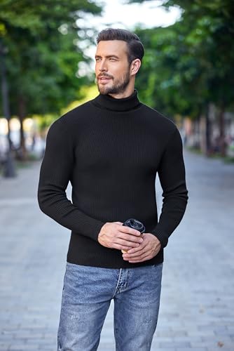 COOFANDY Men's Ribbed Slim Fit Knitted Pullover Turtleneck Sweater, Large, Black