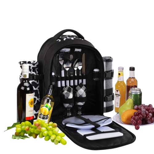 apollo walker Picnic Backpack Bag for 2 Person with Cooler Compartment, Detachable Bottle/Wine Holder, Fleece Blanket, Plates and Cutlery Set (2 Person, Black)