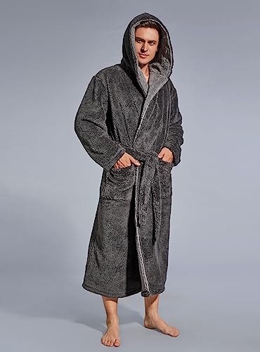 SlumberMee Mens Fleece Plush Robe with Hood Ultra Soft Fluffy Full Length Long with Pockets Luxurious House Coat (Dark Gray, M)