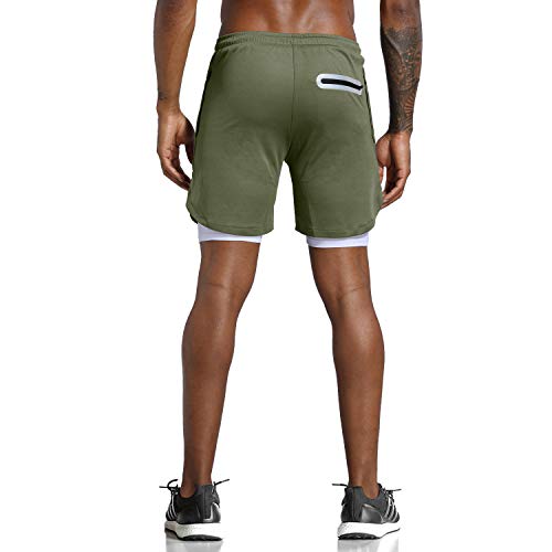 Leidowei Men's 2-in-1 Gym Running Shorts Lightweight Workout Athletic Training 7" Short Pants with Zip Pockets Green XL