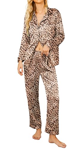 Ekouaer Silk Satin Pajamas Women's Long Sleeve Sleepwear Soft Button Down Pj Set 2 Piece Loungewear Brown Leopard,S