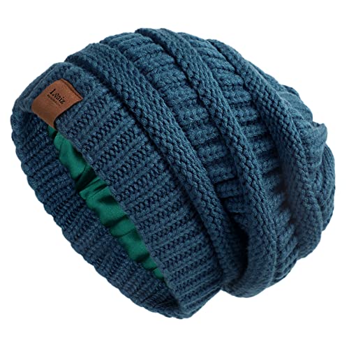 Womens Satin Lined Winter Beanie Hats Cable Knit Beanie for Men Silk Lining Thick Chunky Cap Soft Slouchy Warm Hat Blue