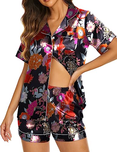 Ekouaer Womens Satin Silk Pajamas Set Short Sleeve Button Down Top and Shorts Sleepwear 2 Piece Pjs Set,Floral Black,Large