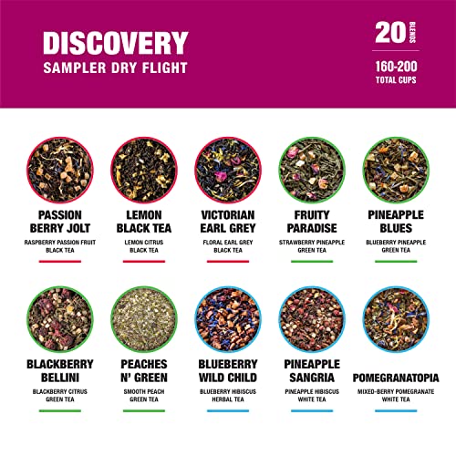 Tiesta Tea - Discovery Tea Sampler Dry Flight Set | High to No Caffeine Hot & Iced Tea, Up to 200 Cups | Loose Leaf Tea Variety Pack with Green, Herbal, Black & Chai Tea - 20 Resealable Sample Pouches