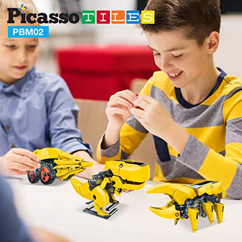 PicassoTiles STEM Kids Solar Powered Dinosaur Robot Educational Learning Engineering Building Toy 3-in-1 Creative Unique Transformation Renewable Sun Energy Science Experiment DIY Kit Boy Girl Age 8+