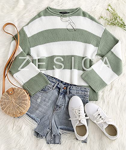 ZESICA Women's 2024 Fall Long Sleeve Crew Neck Striped Color Block Comfy Loose Oversized Knitted Pullover Sweater,Green,Medium