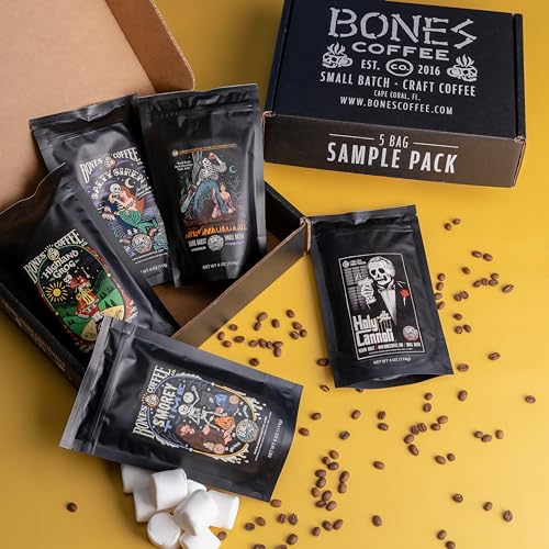 Bones Coffee Company NEW Flavors! Favorite Flavors Sample Pack | 4 oz Pack of 5 Assorted Ground Coffee Beans | Low Acid Medium Roast Gourmet Coffee Beverages (Ground)