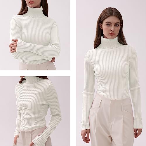 v28 Women Stretchable Turtleneck Knit Long Sleeve Slim Fit Sweater (S,White)