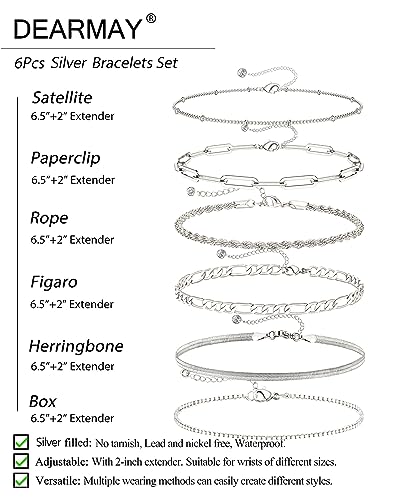 DEARMAY Dainty Silver Bracelets for Women Trendy, 925 Sterling Silver Jewelry Set for Women Bracelets for Women Paperclip Box Herringbone Figaro Rope Chain Bracelet Fashion Pack Gifts for Women