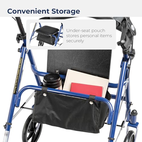 Drive Medical 10257BL-1 4 Wheel Rollator Walker With Seat, Steel Rolling Walker, Height Adjustable, 7.5" Wheels, Removable Back Support, 300 Pound Weight Capacity, Blue