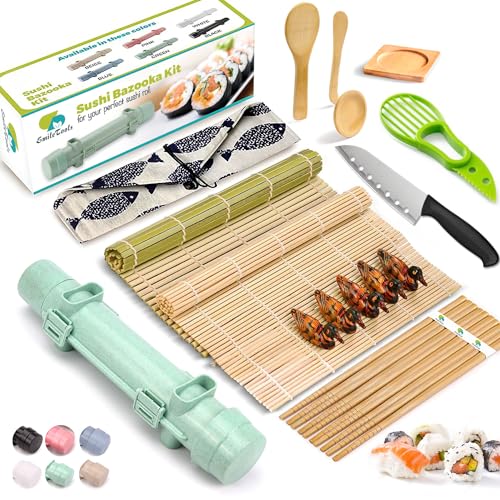 Sushi Making Kit, 22 in 1 Sushi Roller Maker Bazooker Kit with Bamboo Mats, Chef's Knife, Chopsticks, Sauce Dishes, Rice Spreader, Avocado Slicer for Beginners, Family, Friends, Home