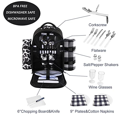 apollo walker Picnic Backpack Bag for 2 Person with Cooler Compartment, Detachable Bottle/Wine Holder, Fleece Blanket, Plates and Cutlery Set (2 Person, Black)