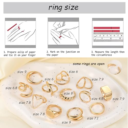 FAXHION 12PCS Gold Stackable Rings Set for Women, 18K Gold Plated Open Stacking Knuckle Ring, Adjustable Chunky Signet Band Ring for Gift