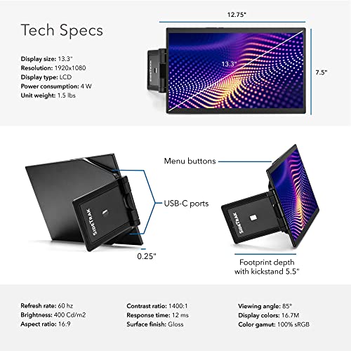 SideTrak Swivel Pro 13.3" Ultra Slim Attachable Portable Monitor, FHD IPS 1080p Laptop Screens with Kickstand + Unique Patented Swivel Hinge, for Mac, PC, and Chromebook, USB-C Port Connection