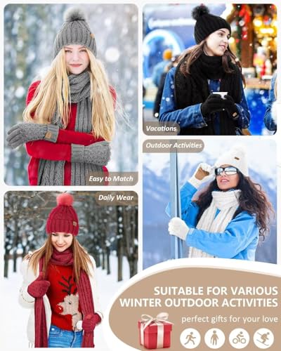 Womens Beanie Hat Scarf Gloves Set, Soft Fleece Lined Winter Hat with Pom Pom, Long Knit Scarf Neck Warmer Touchscreen Gloves for Cold Weather, 3 in 1 Warm Set(Oatmeal)