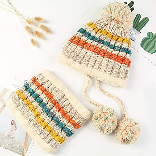 HUAMULAN Women Winter Beanie Hat Circle Scarf Set Pompoms Peruvian Ski Snow Ear Flaps Sherpa Knit Hats Fleece Lined Slouchy, Fits Small to Medium Head