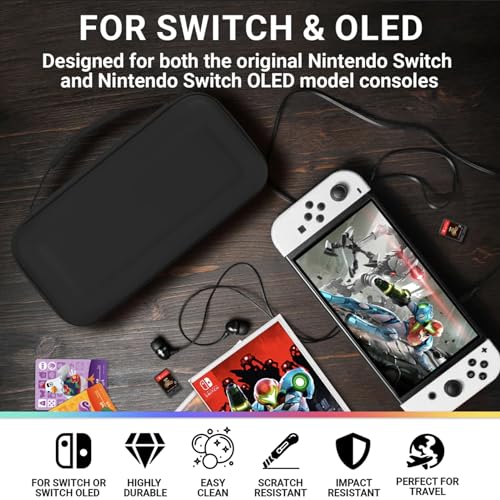 Orzly Carry Case Compatible with Nintendo Switch and New Switch OLED Console - Black Protective Hard Portable Travel Carry Case Shell Pouch with Pockets for Accessories and Games