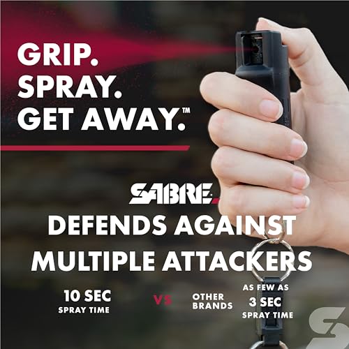 SABRE Pepper Spray, Quick Release Keychain for Easy Carry and Fast Access, Finger Grip for More Accurate and Faster Aim, Maximum Police Strength OC Spray, 0.54 oz, Secure and Easy to Use Safety