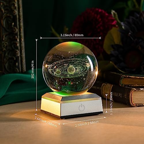 ERWEI 3D Solar System Crystal Ball with Laser Engraved Planets and LED Light Base - Science Astronomy Educational Space Gift for Kids