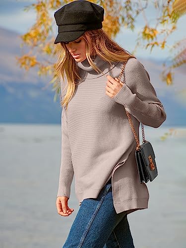 ANRABESS Women's Oversized Turtleneck Batwing Sleeve Spilt Casual Loose Knit Tunic Pullover Sweater Tops 2024 Fall Outfits Almond X-Small