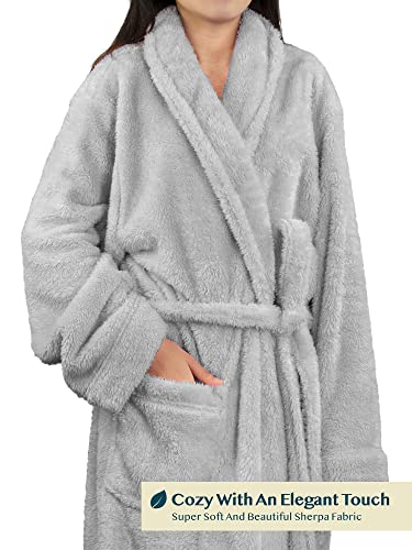 PAVILIA Premium Womens Plush Soft Robe Fluffy, Warm, Fleece Sherpa Shaggy Bathrobe (S/M, Light Gray)