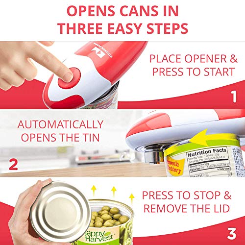 Kitchen Mama Red Automatic Smooth Edge Can Opener - Battery Operated, Food-Safe, Hands Free, Ideal for Elderly & Arthritis Friendly