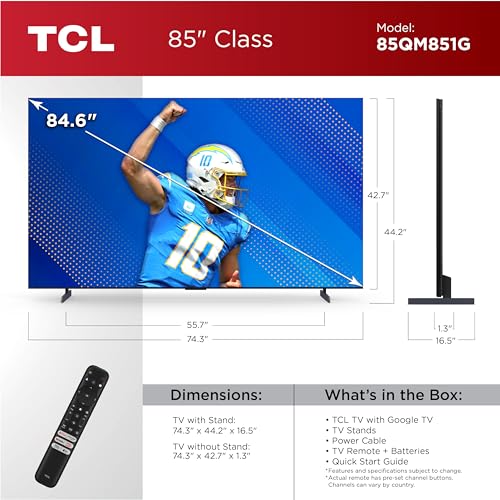 TCL 85-Inch QM85 QLED 4K Smart QD-Mini LED TV with Google TV (85QM851G, 2024 Model) Dolby Vision IQ HDR, Dolby Atmos, Game Accelerator up to 240Hz, Voice Remote, Works with Alexa, Streaming Television