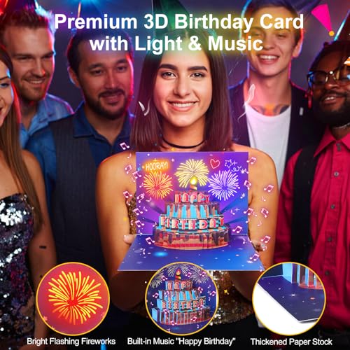 Omgpeike Birthday Cards Gifts for Women 3D Pop Up Birthday Gift Card Light and Music Happy Funny Birthday Decorations Greeting Cards for Men, Girl, Boy, Husband, Mom, Dad, Sister, Friend, Kids(Purple)