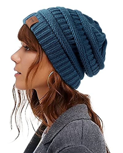 Womens Satin Lined Winter Beanie Hats Cable Knit Beanie for Men Silk Lining Thick Chunky Cap Soft Slouchy Warm Hat Blue