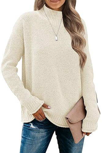 MEROKEETY Women's Long Sleeve Turtleneck Cozy Knit Sweater Casual Loose Pullover Jumper Tops, Apricot, Large