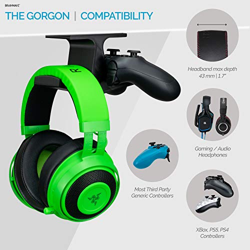 BRAINWAVZ The Gorgon - Under Desk Game Controller & Headphone Holder for XBOX, PS4, PS5, Series One, Steelseries, PC & Most Gamepads & Headsets, Screwless Hanger Stand, Black