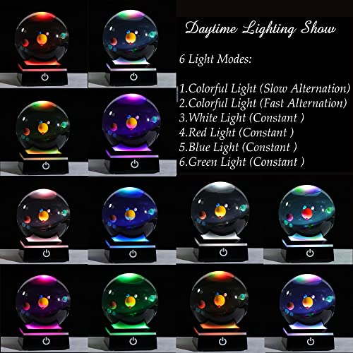 3D Crystal Ball with Solar System Model and LED lamp Base, Clear 80mm (3.15 inch), Best Birthday Girlfriend Gift, Teacher of Physics, Classmates and Kids Gift