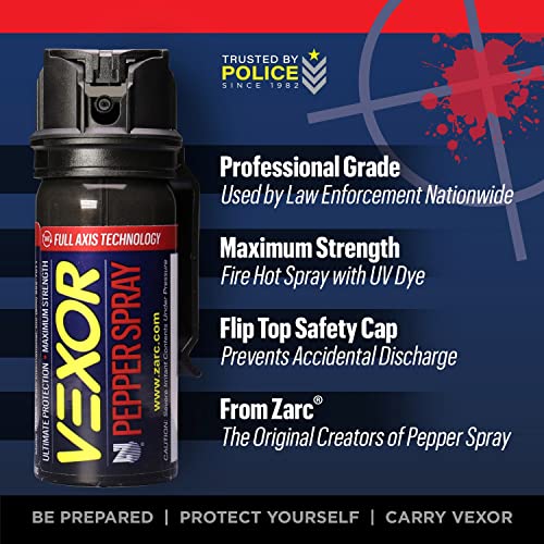 Vexor Pepper Spray w/Belt Clip for self defense - 2 Pack, Maximum Police Strength, 20-foot range, Full Axis (360°) capability, Flip Top safety for Quick and Accurate Aim, Protection for Women and Men