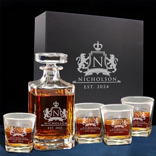 The Wedding Party Store, Custom Engraved Groomsmen - Whiskey Decanter Set and 4 Glasses Set - Personalized and Monogrammed with WPS Styles