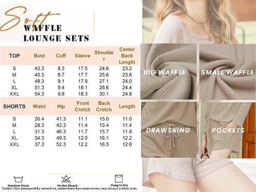 Ekouaer Womens Waffle Knit Pajama Sets Long Sleeve Top and Shorts Matching Lounge Set Sleepwear Loungewear Sweatsuit with Pockets A-Light Khaki Large