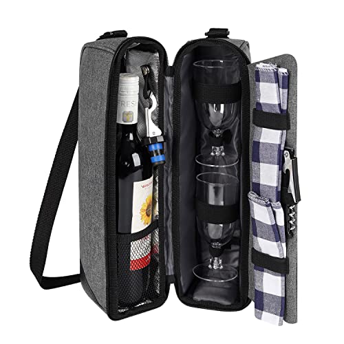 ALLCAMP Wine tote Bag with Cooler Compartment，Picnic Set Carrying Two sets of tableware（Gray）