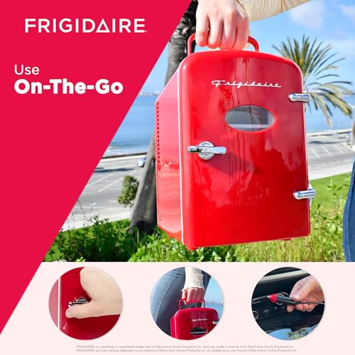 Frigidaire RED EFMIS129- CP4 Mini Portable Compact Personal Cooler, 4 Liter Capacity Chills Six 12 oz Cans, 100% Freon-Free & Eco Friendly, Includes Plugs for Home Outlet & DC Charger, standard