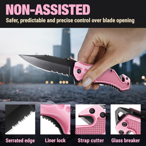 GOOD WORKER 2.95” Serrated Blade Pink Knife - Pocket Knife for Women - Self Defense Knife - Pink Knives - Cute Womens Girl Knife - Womens Folding Knife - Pink Pocket Knife - Mothers Day Gift - 6680 P