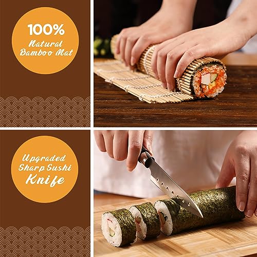 Delamu Sushi Making Kit, Upgrade 22 in 1 Sushi Maker Bazooker Roller Kit with Bamboo Mats, Chef's Knife, Triangle/Nigiri/Gunkan Sushi Rice Mold, Chopsticks, Sauce Dishes, Rice Spreader, User Guide