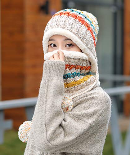 HUAMULAN Women Winter Beanie Hat Circle Scarf Set Pompoms Peruvian Ski Snow Ear Flaps Sherpa Knit Hats Fleece Lined Slouchy, Fits Small to Medium Head