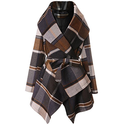 Chicwish Women's Turn Down Shawl Collar Open Front Long Sleeve Check Asymmetric Hemline Wool Blend Coat, Brown, Medium