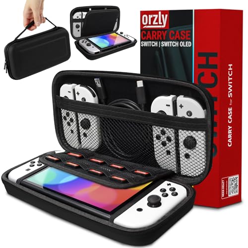 Orzly Carry Case Compatible with Nintendo Switch and New Switch OLED Console - Black Protective Hard Portable Travel Carry Case Shell Pouch with Pockets for Accessories and Games