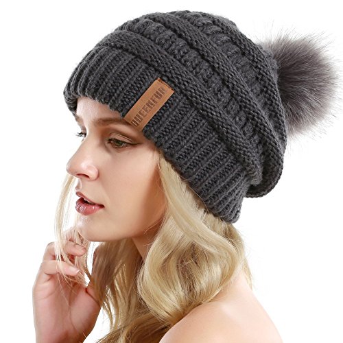 QUEENFUR Women Knit Slouchy Beanie Chunky Baggy Hat with Faux Fur Pompom Winter Soft Warm Ski Cap